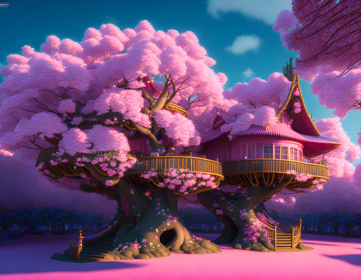 Vibrant pink blossoms on treehouse in fantasy setting