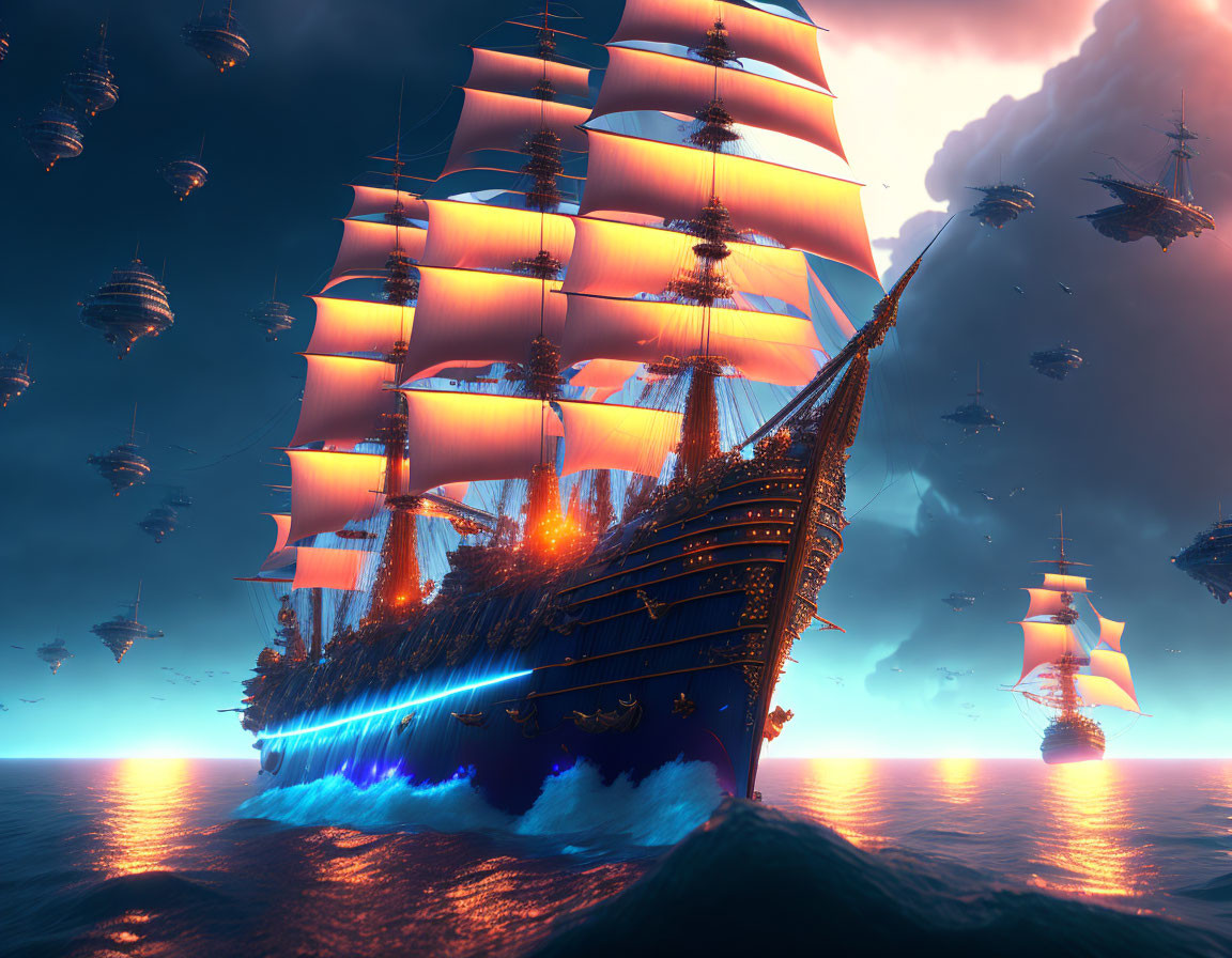 Fantastical flying ships with glowing sails in surreal sky and luminescent ocean at sunset