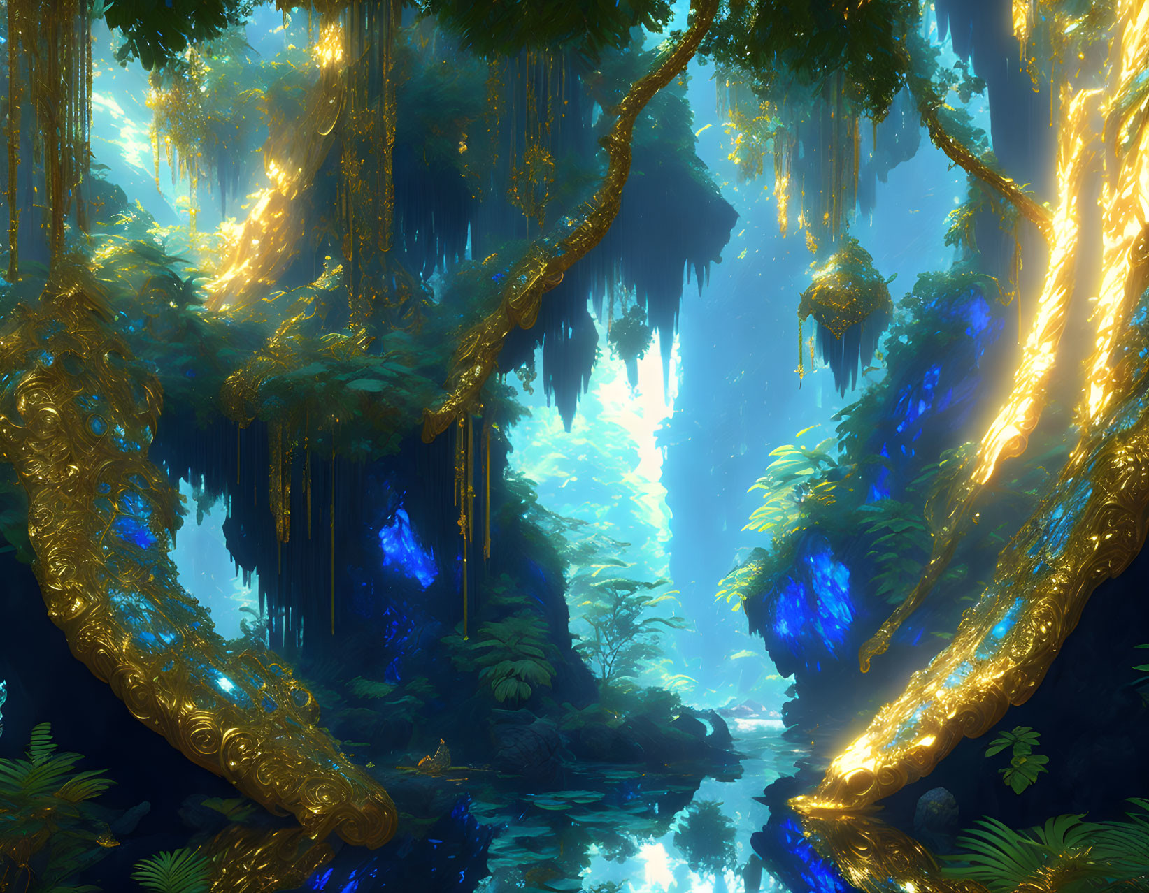 Mystical forest glade with glowing blue plants and serene stream