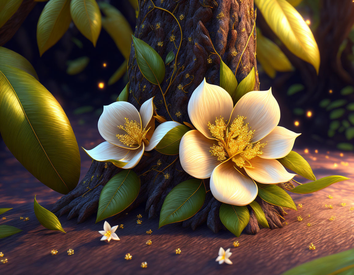 Luminous white flowers with golden centers in magical forest setting