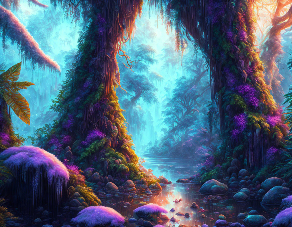 Mystical forest scene with vibrant blue and purple hues