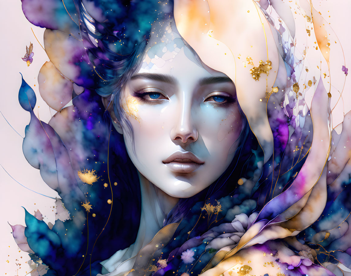 Colorful surreal portrait of a woman with floral hair and gold accents.
