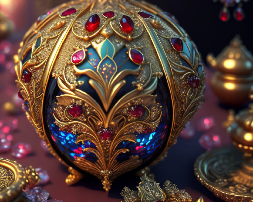 Golden jeweled egg with intricate patterns on red surface