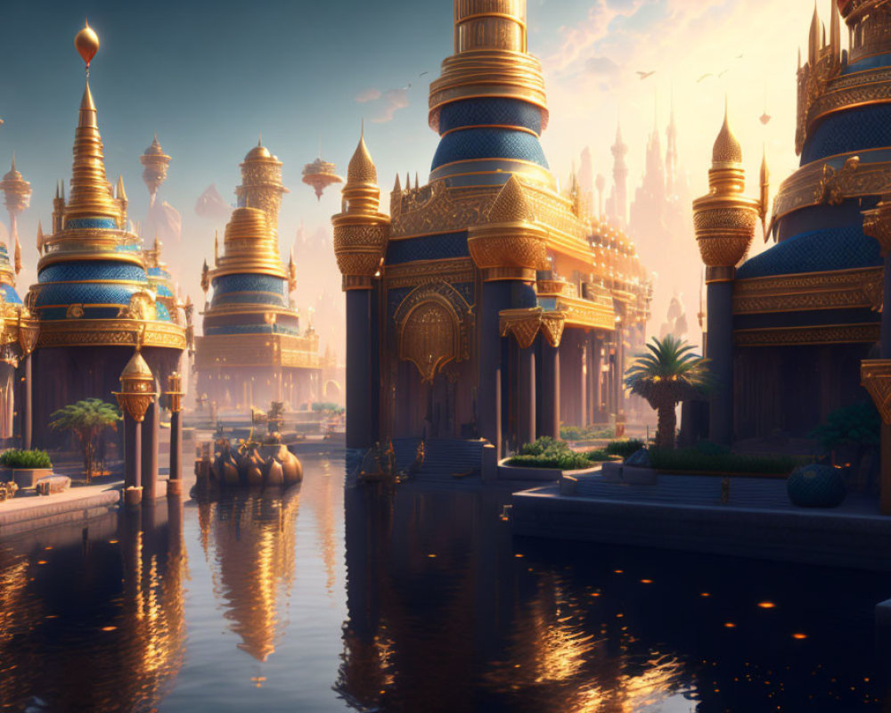 Golden city with ornate spires and domes reflected in tranquil waters under warm light