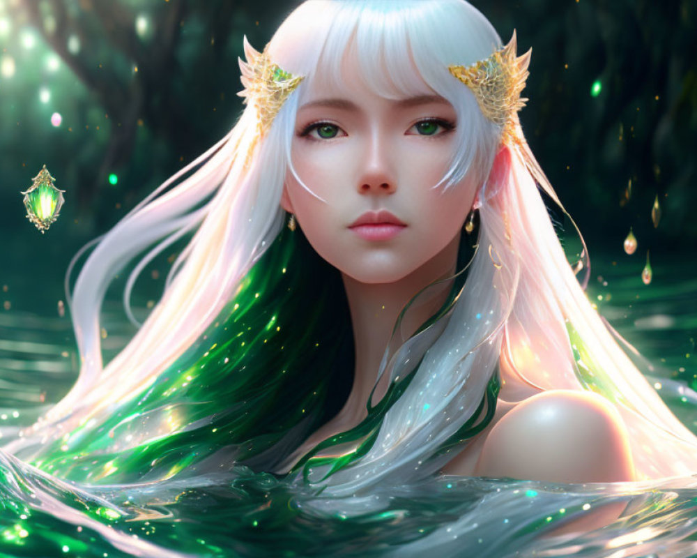 Fantasy-themed illustration of a woman with multicolored hair and ethereal accessories surrounded by mystical green