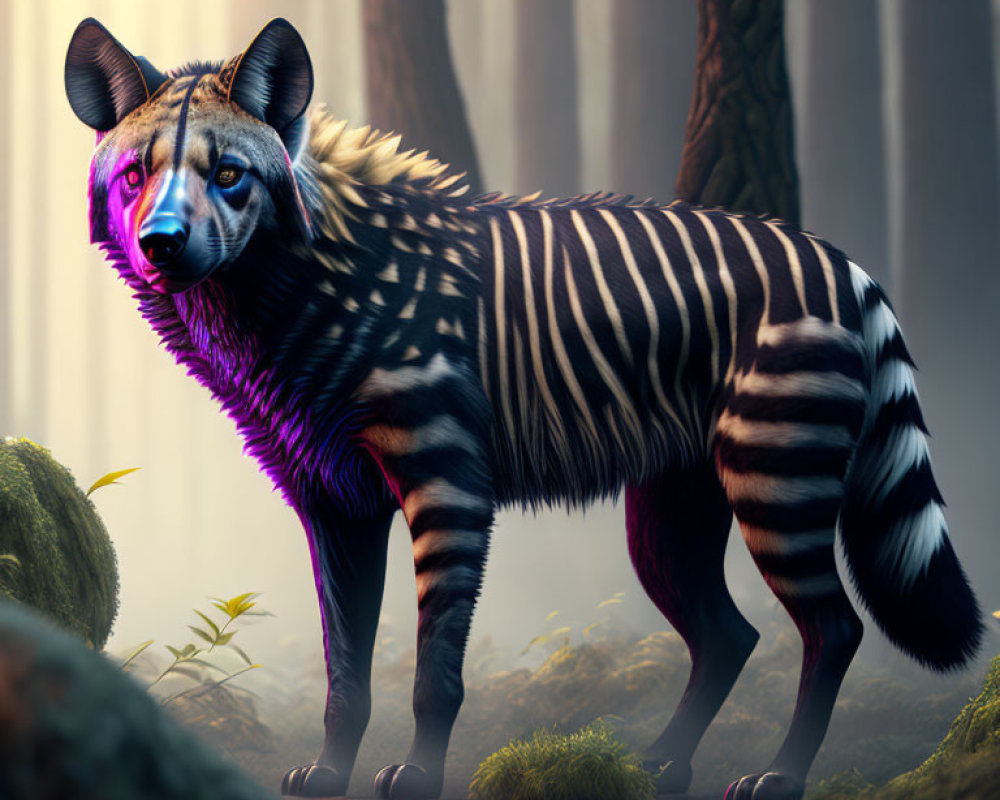 Fantastical creature with zebra stripes and hyena-like features in mystical forest