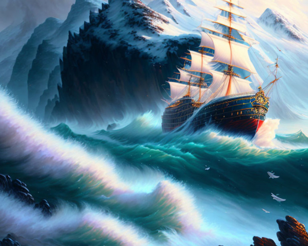 Sailing ship in stormy seas near snowy mountains under dramatic sky