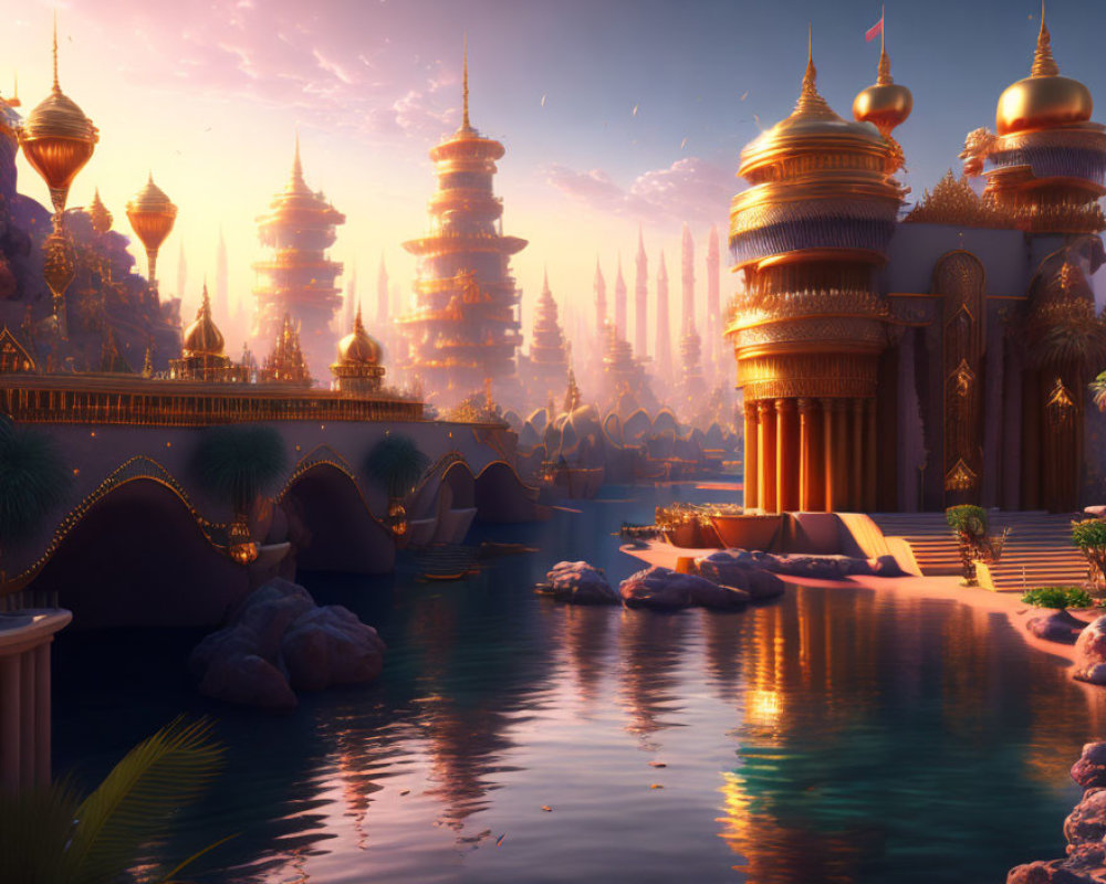 Golden fantasy city with spires and domed structures reflecting in calm river at sunset