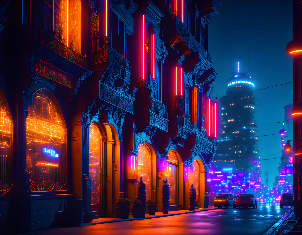 Neon-lit urban street at night with cyberpunk aesthetic