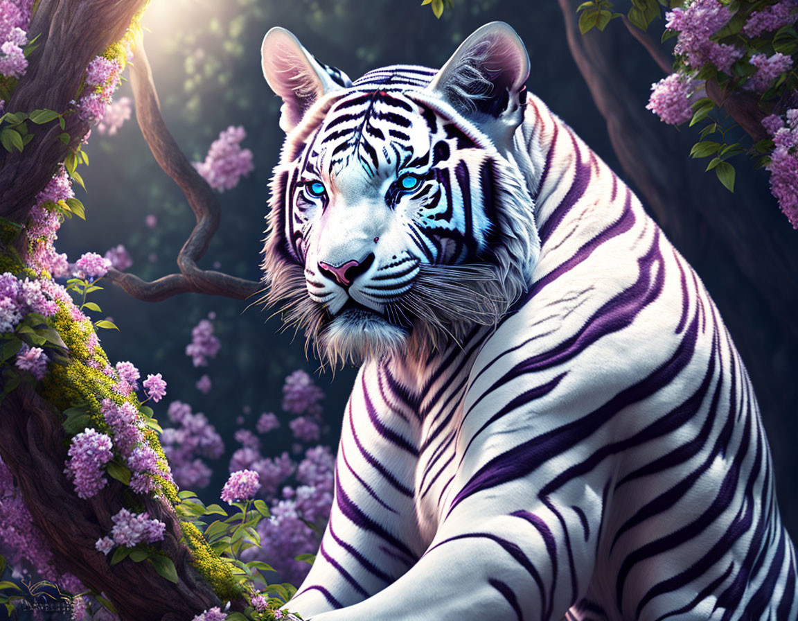 White Tiger with Blue Eyes and Black Stripes Amidst Foliage and Purple Flowers