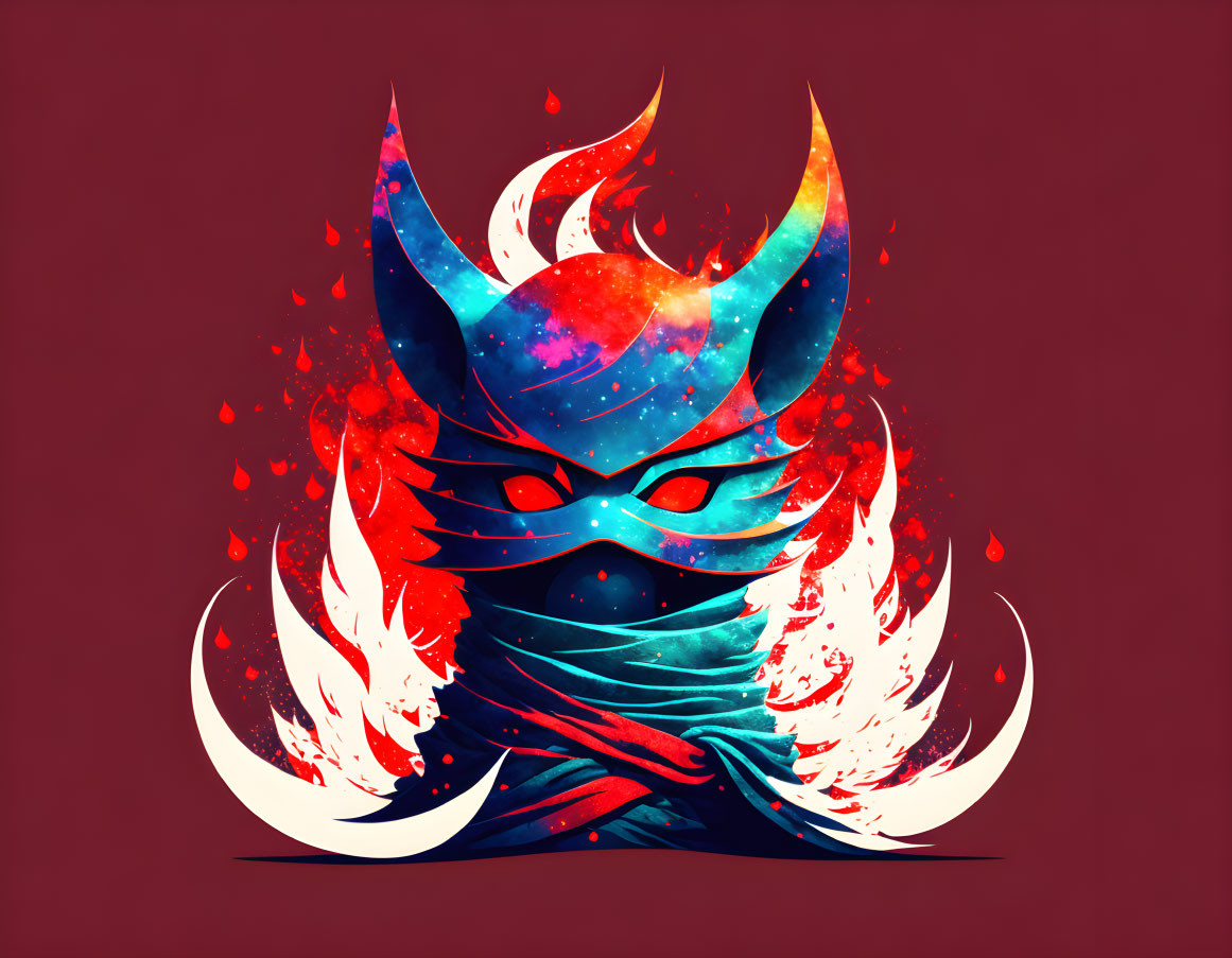 Masked Figure with Cosmic Fiery Theme on Red Background