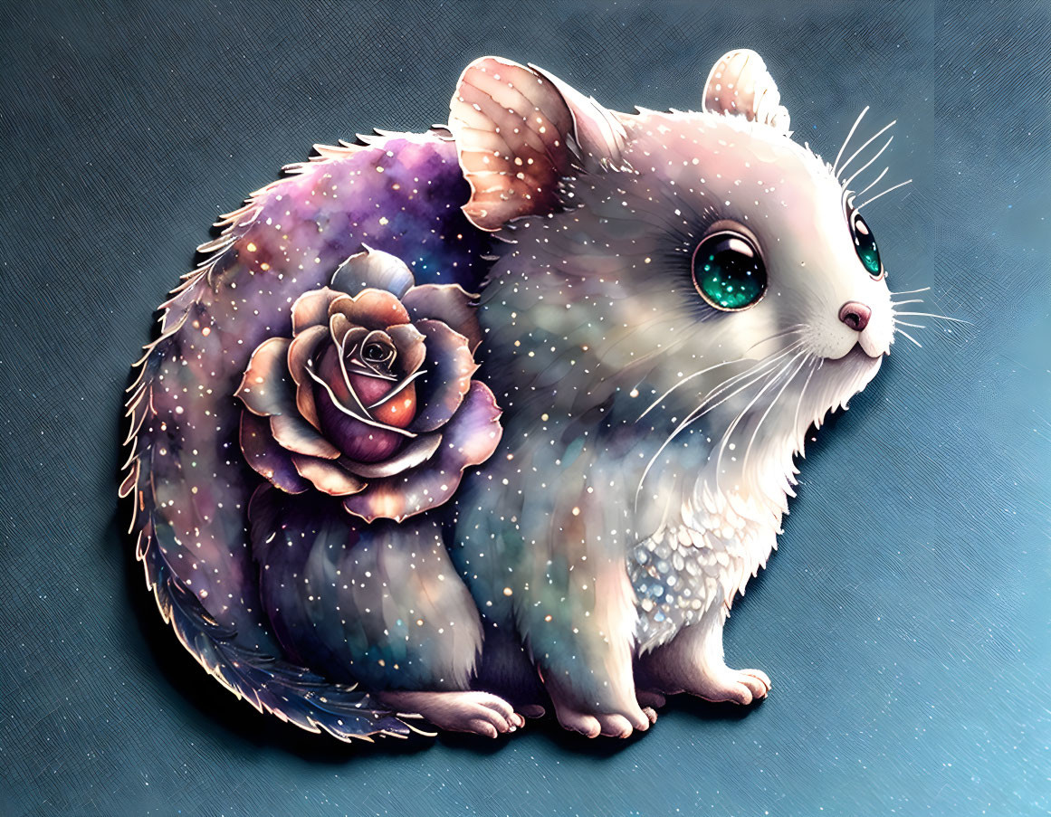 Fantastical mouse creature with cosmic fur and rose motif