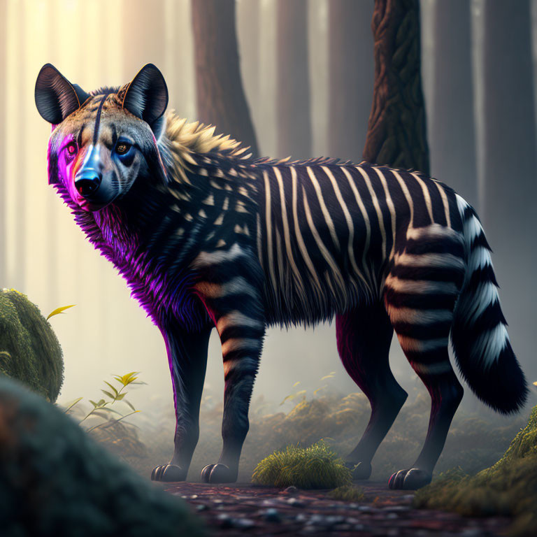 Fantastical creature with zebra stripes and hyena-like features in mystical forest