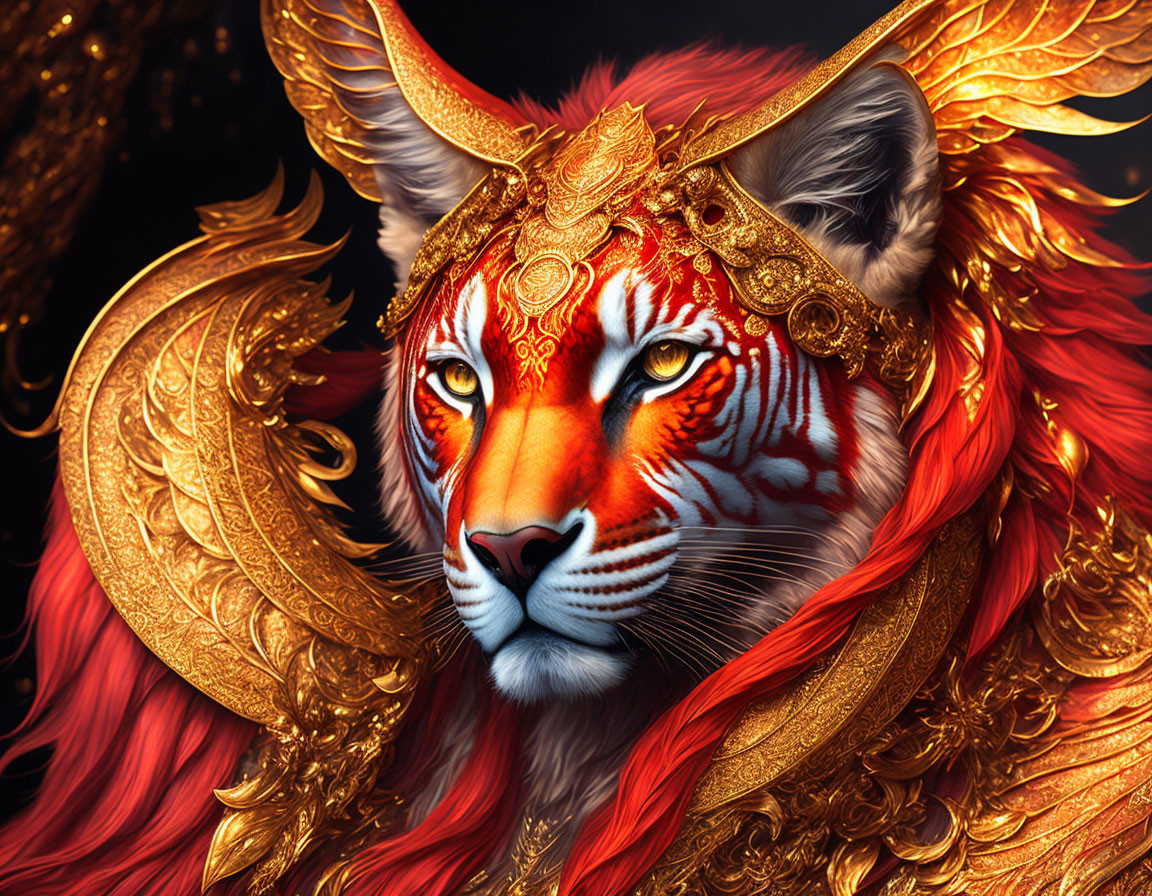 Majestic tiger with red and orange fur and golden armor