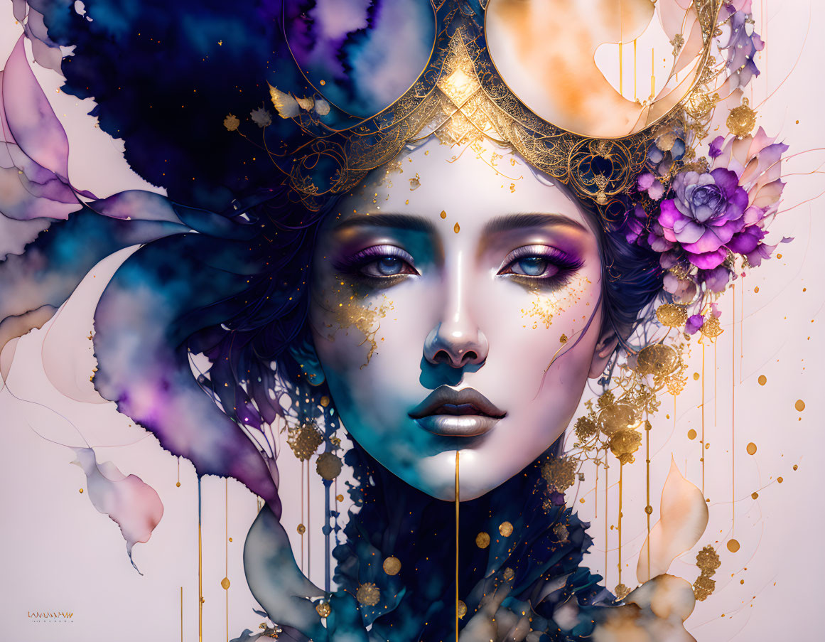 Surreal portrait of woman with golden headgear and purple flowers