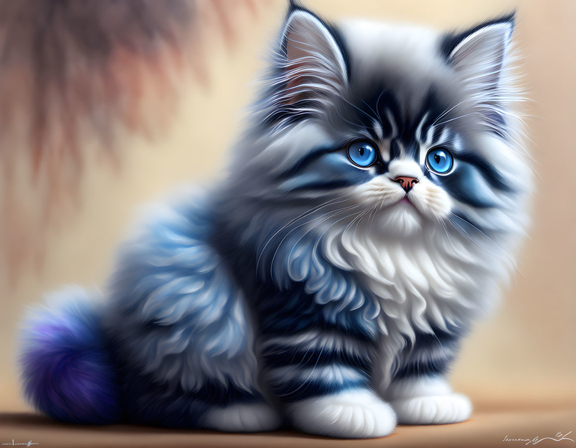Fluffy Blue and White Kitten with Striking Blue Eyes Illustration