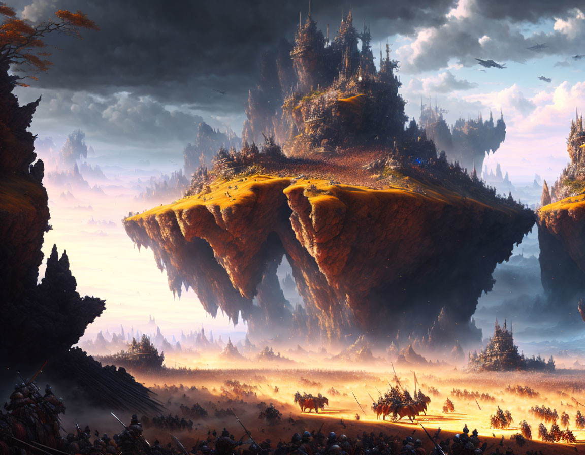 Sunlit landscape with floating islands, castles, armies, and wheeled structures