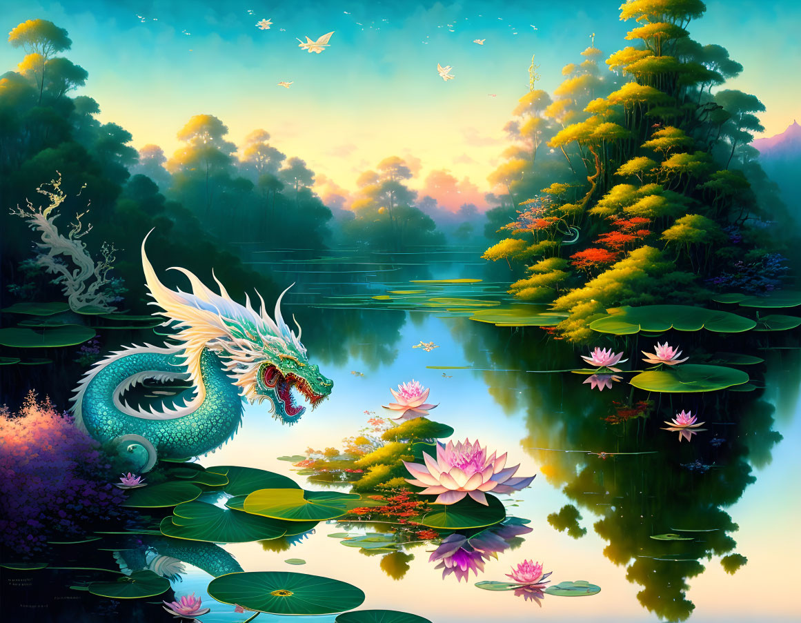 Colorful dragon, lush trees, lotus flowers, butterflies in vibrant fantasy landscape