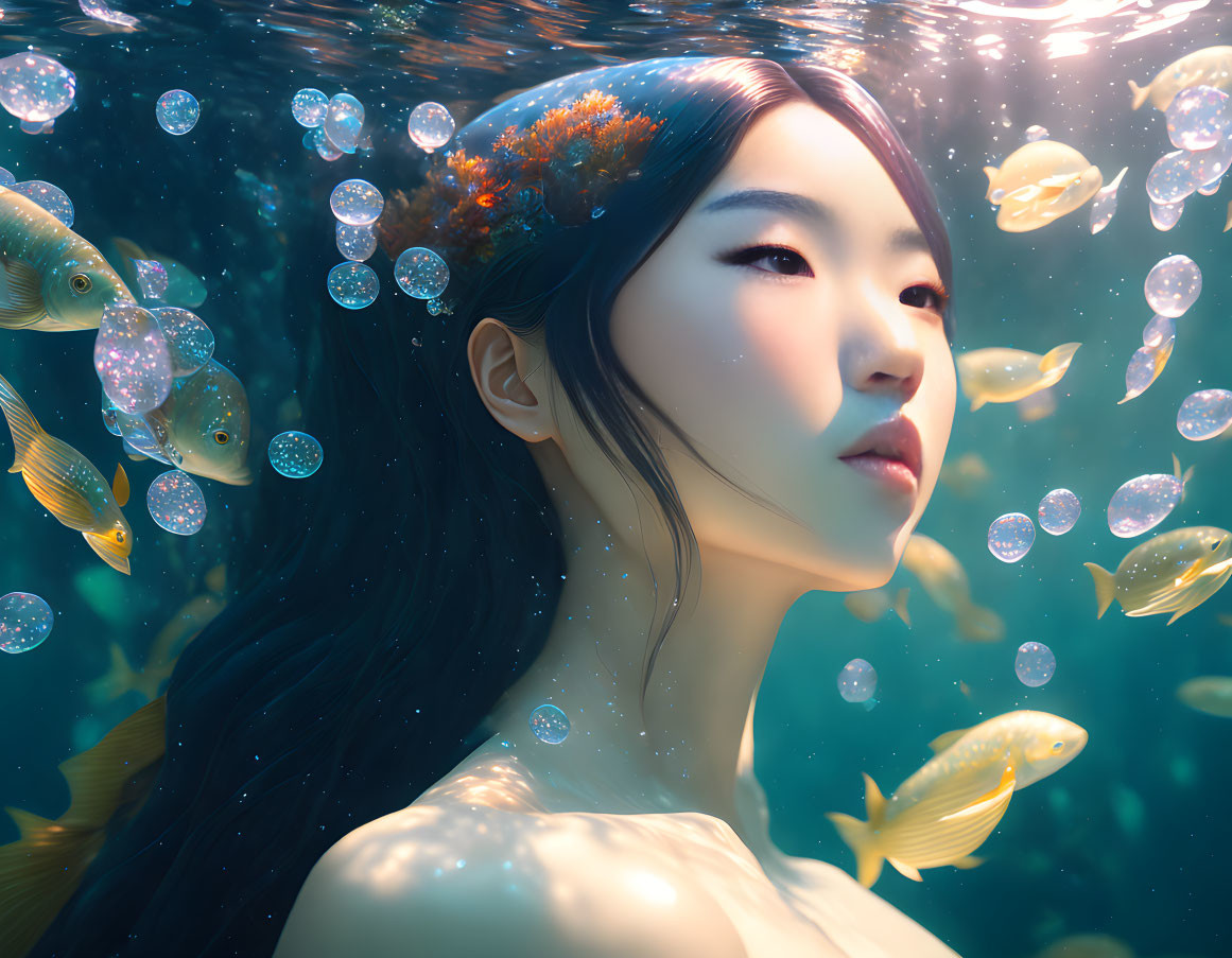 Underwater scene with woman, fish, bubbles, and light.