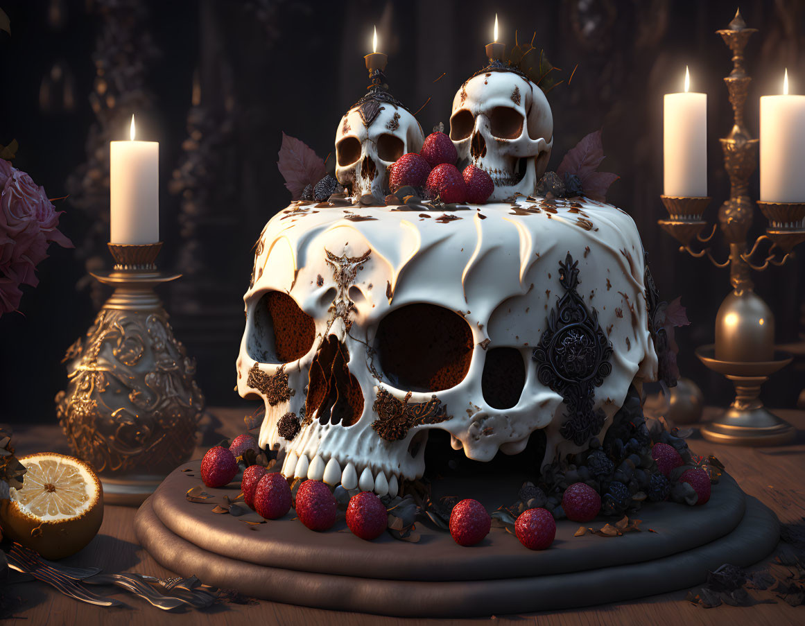 Gothic-style cake with skull motifs, berries, candles, and roses