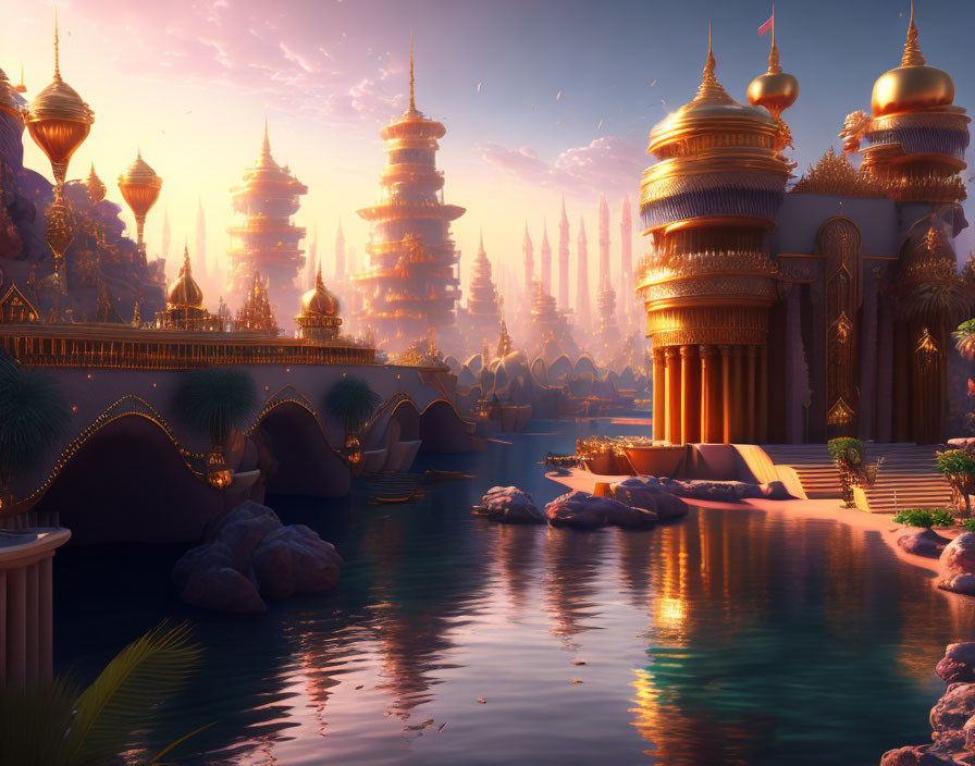 Golden fantasy city with spires and domed structures reflecting in calm river at sunset