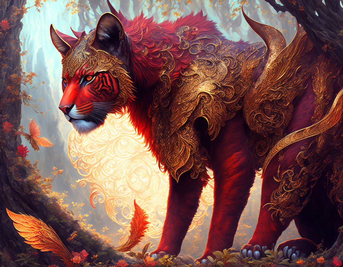 Elaborate gold-patterned fantasy cat in enchanted autumn forest