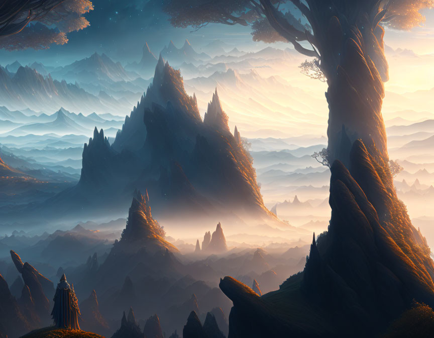 Mystical landscape with towering mountains and misty forests