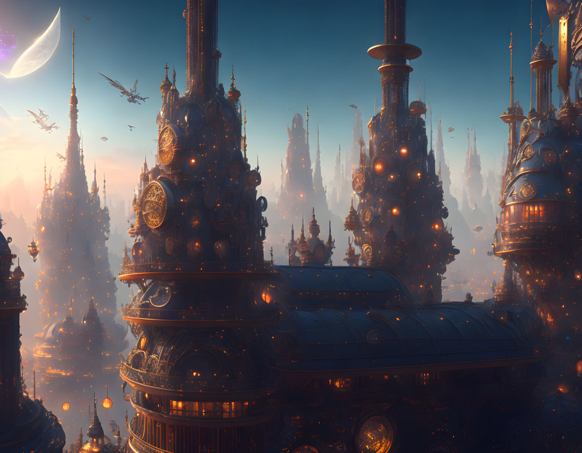 Intricate Steampunk Cityscape at Dusk with Blimps and Crescent Moon