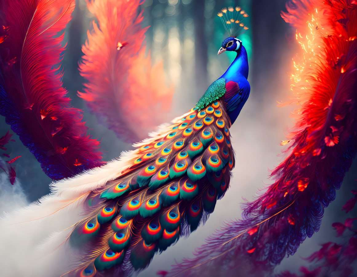 Colorful peacock in mystical forest with red foliage