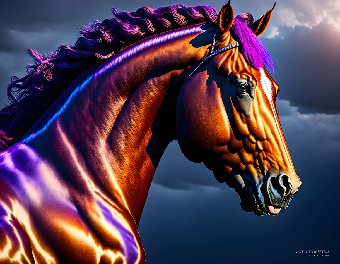 Vibrant digital artwork: Glowing orange horse with purple mane in dramatic sky