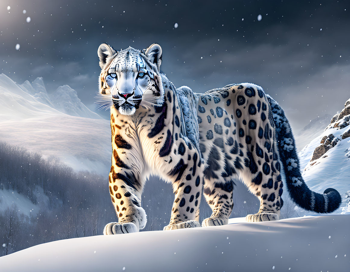 Snow leopard on snow-covered slope with mountains and falling snowflakes