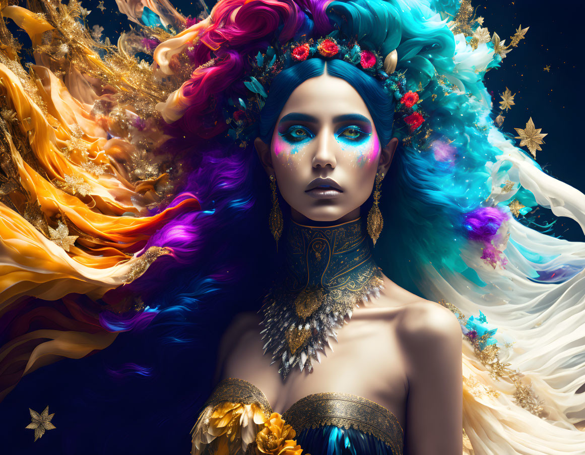 Vivid surreal portrait of woman with multicolored hair and floral adornments