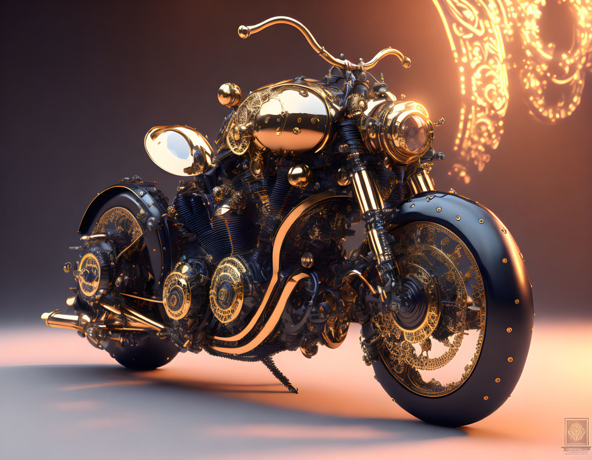 Detailed Steampunk Motorcycle with Golden Accents