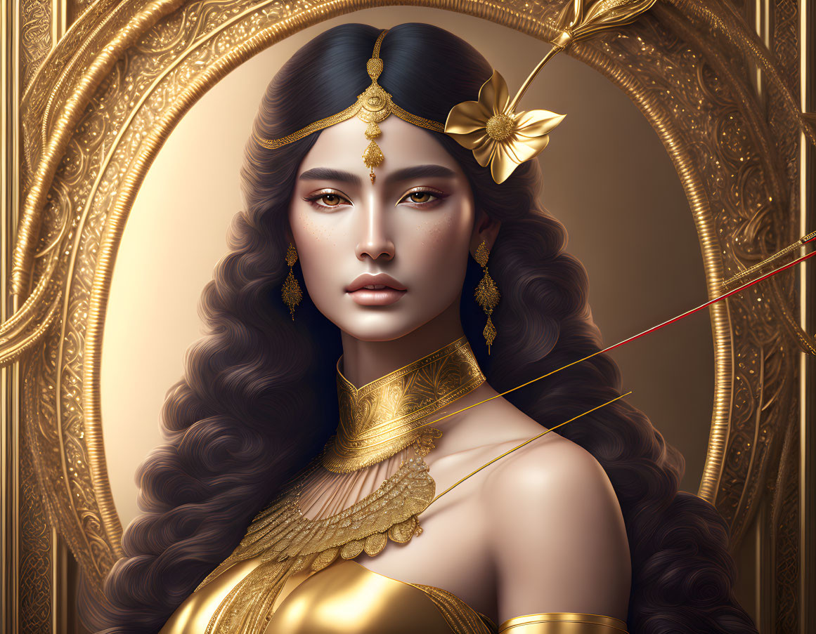 Detailed illustration of woman with long wavy hair, gold jewelry, and bow and arrow in ornate