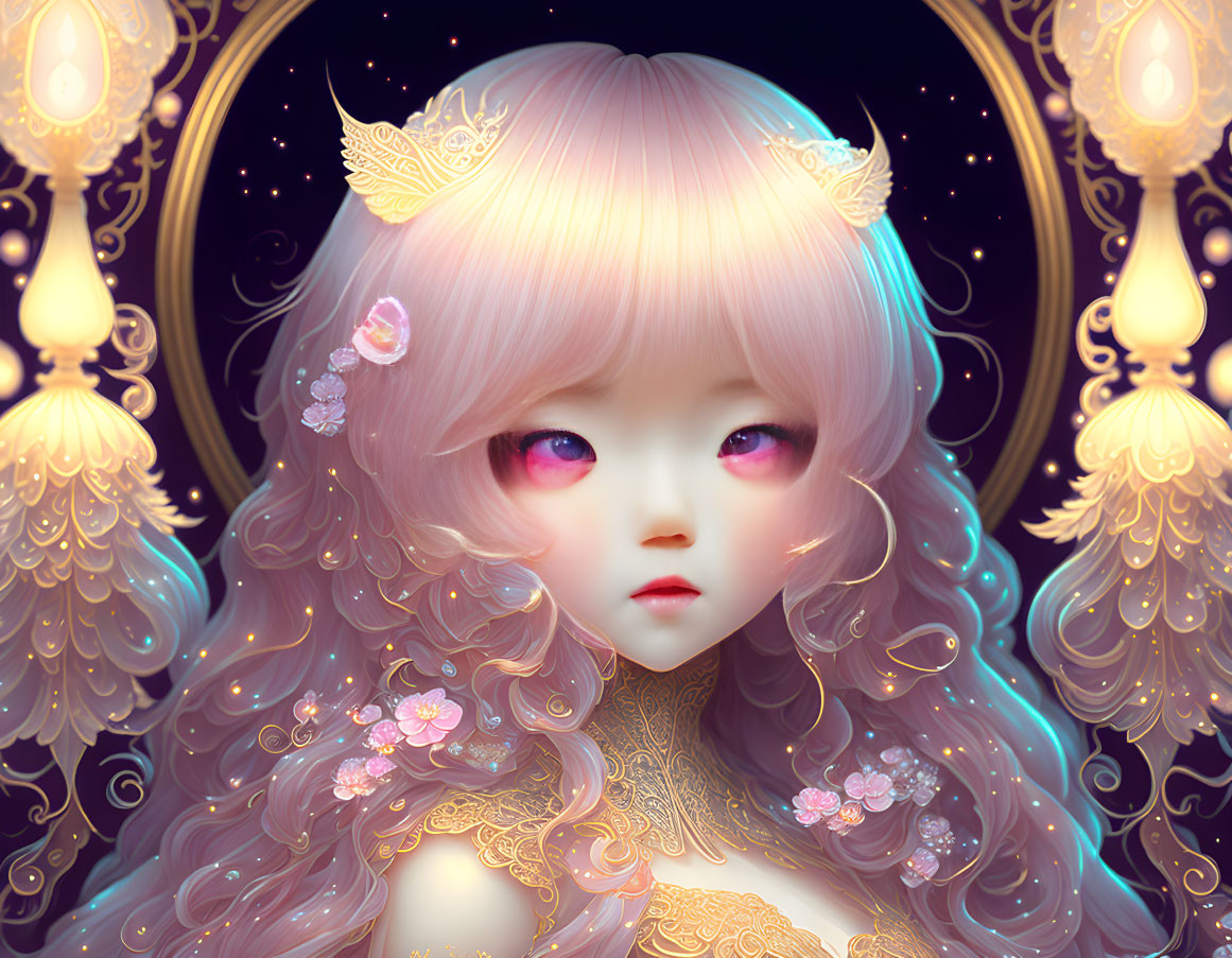 Fantasy character with pink hair, purple eyes, gold headpiece, surrounded by glowing lights.