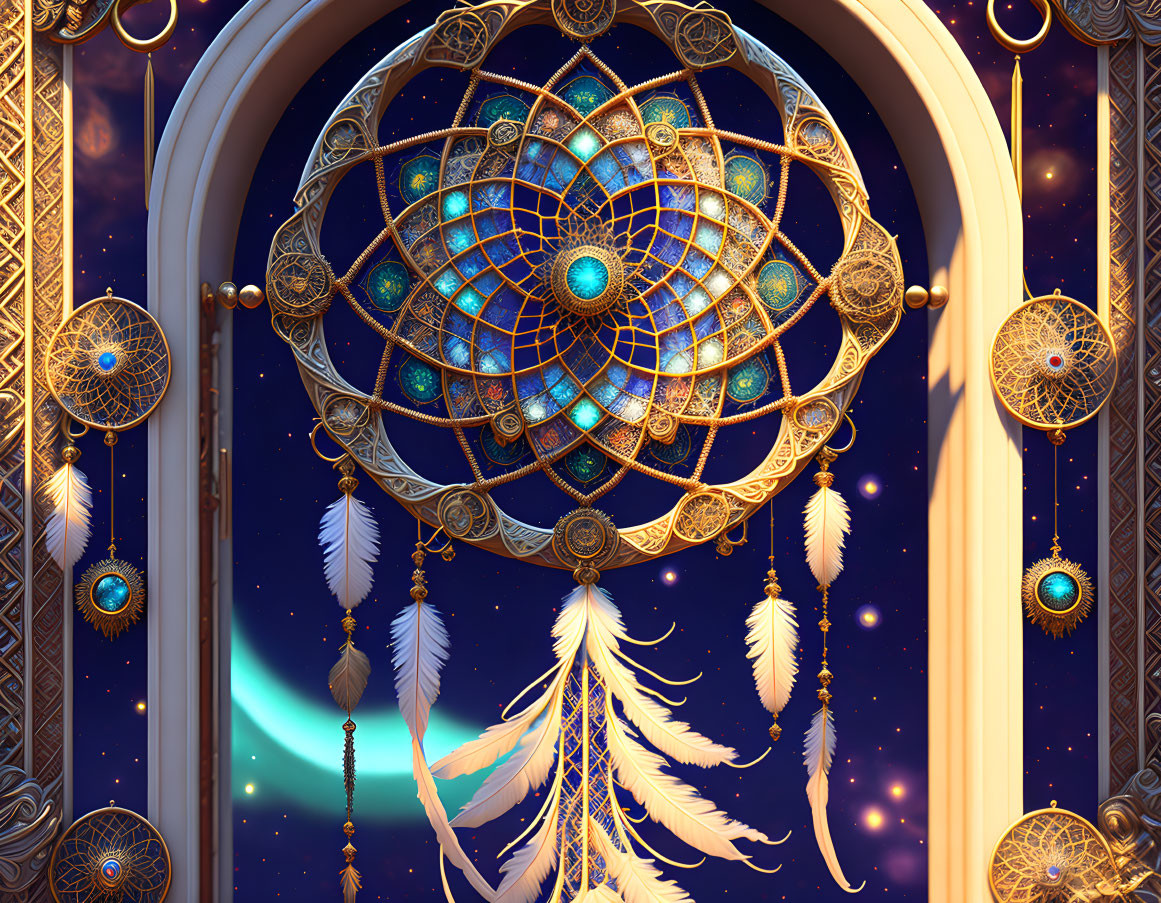 Ornate dreamcatcher with feathers in arched doorway against twilight sky