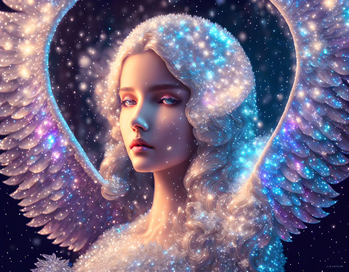 Celestial woman with glittering wings and halo in surreal portrait