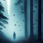 Misty forest scene with cloaked figure, tall trees, light beam, and butterflies