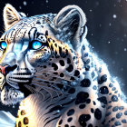 Snow leopard digital artwork with blue eyes in falling snowflakes