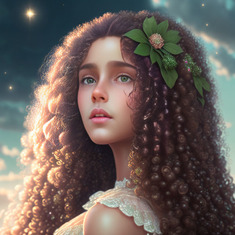 Young girl with curly hair and green flower in digital artwork