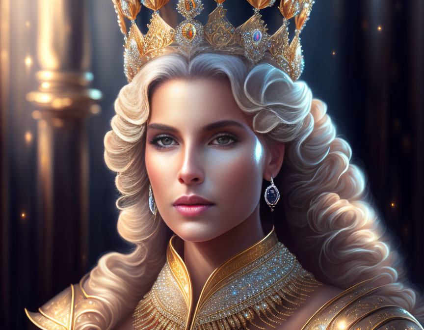 Regal woman with golden crown, green eyes, and blonde hair