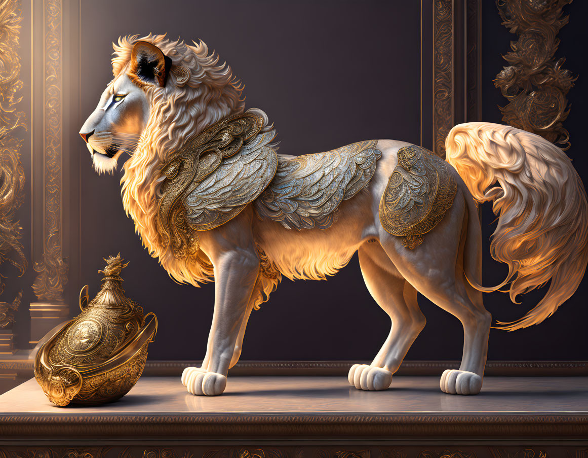 Golden-maned lion with wing-like armor and helmet in luxurious room