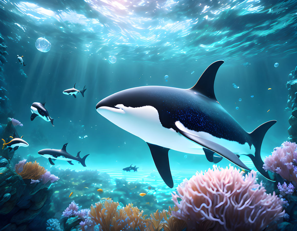 Orca swimming in coral reef with marine creatures
