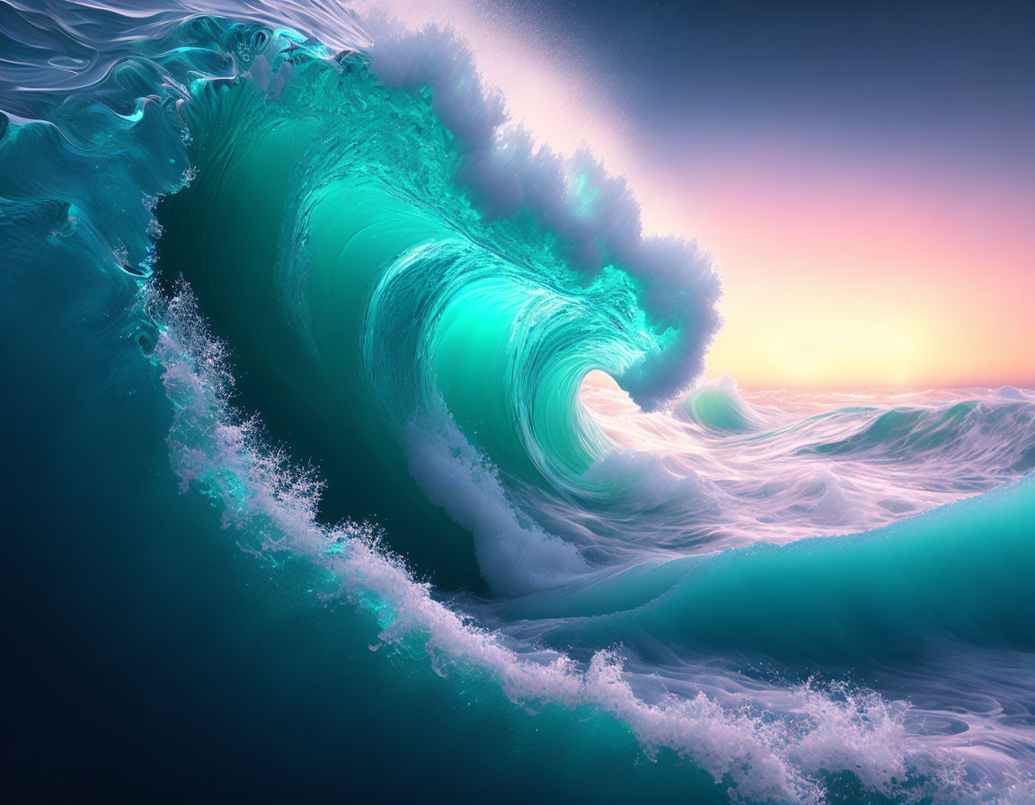 Vibrant high-contrast ocean wave under pastel sunset sky