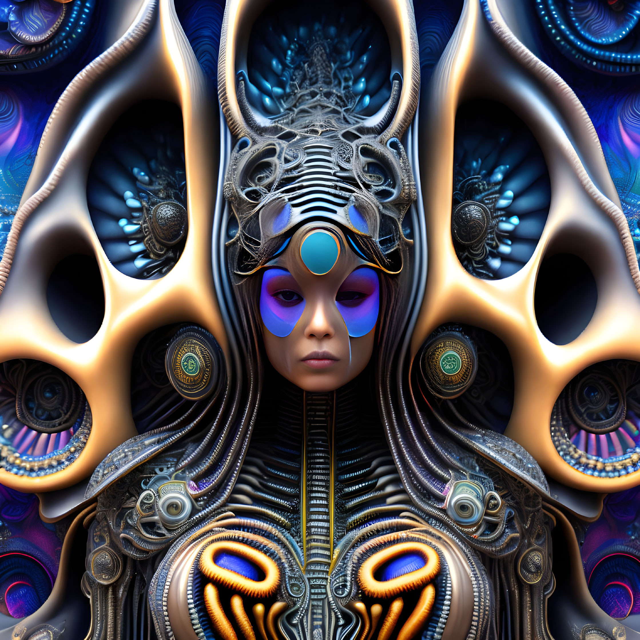 Symmetrical abstract digital art with futuristic figure and serene expression