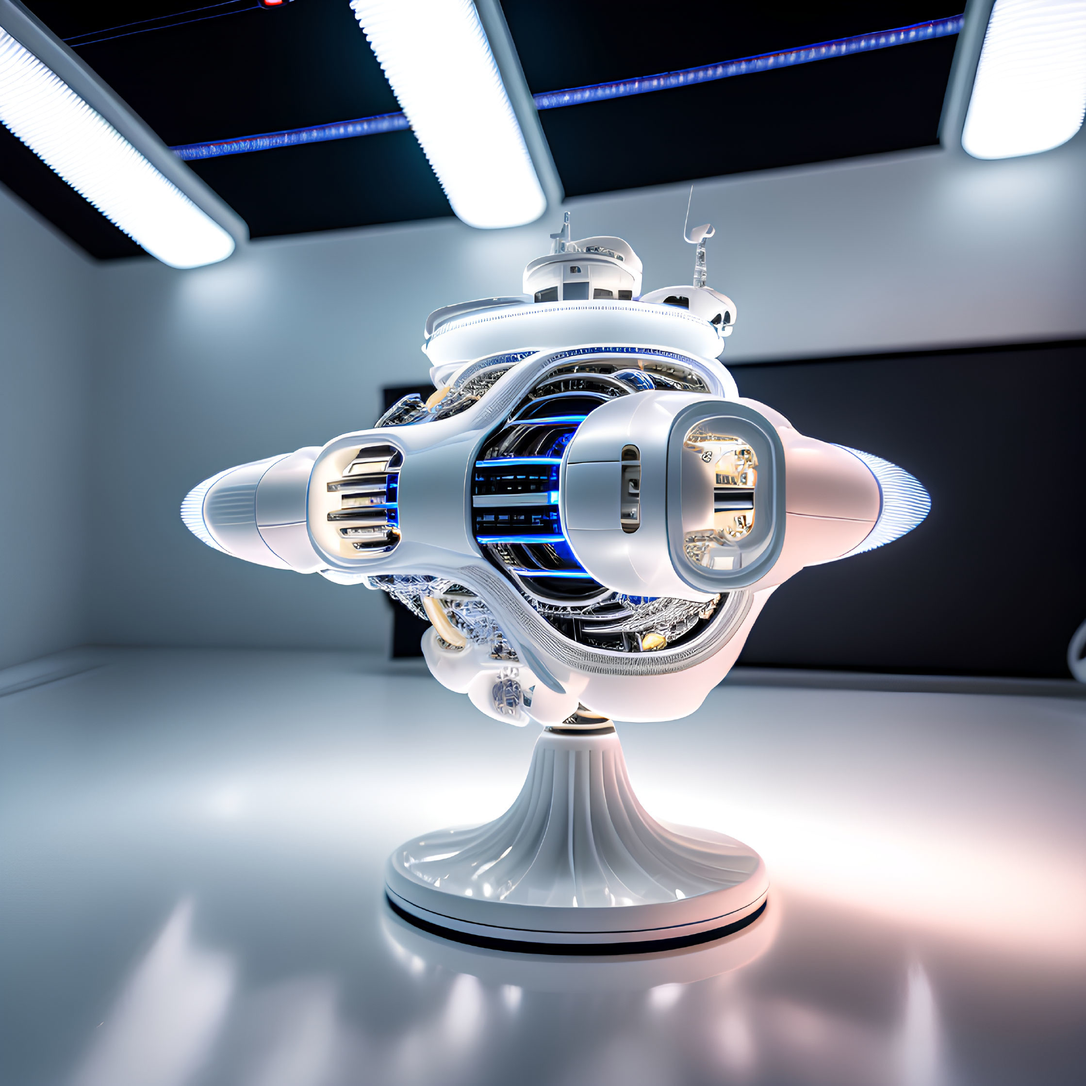 Futuristic gyroscopic device with glowing blue elements on stand in dark room