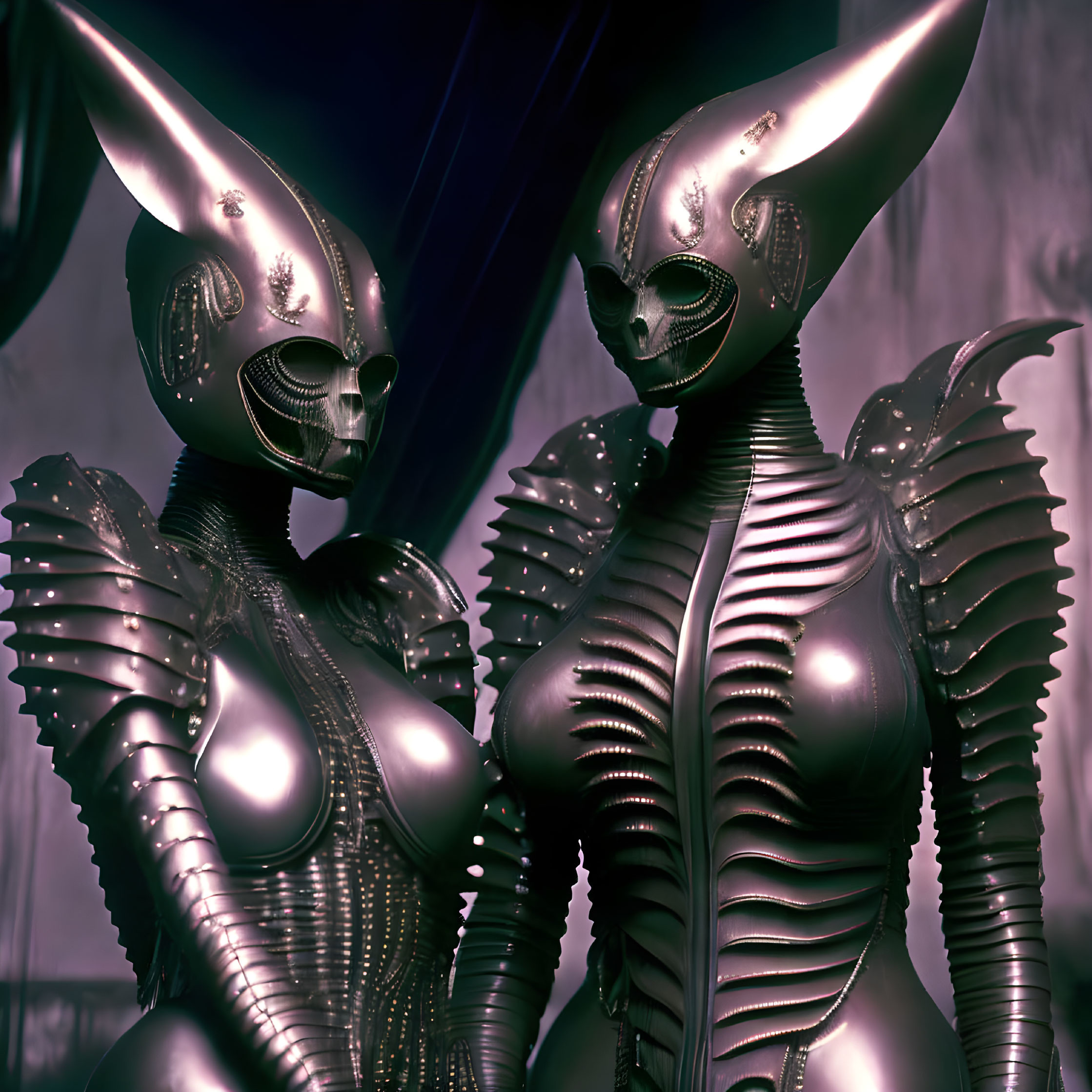 Futuristic metallic humanoid figures with alien-like features in dimly lit setting