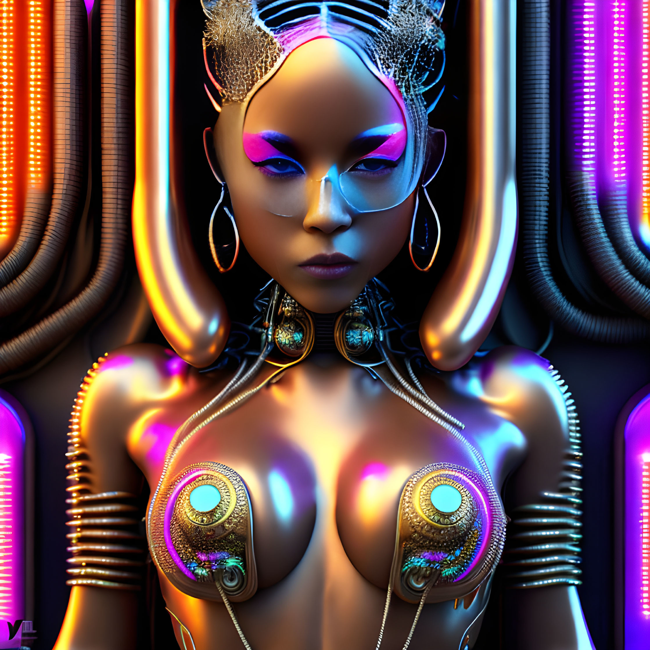 Futuristic female android with purple eye makeup and metallic skin against neon tubes