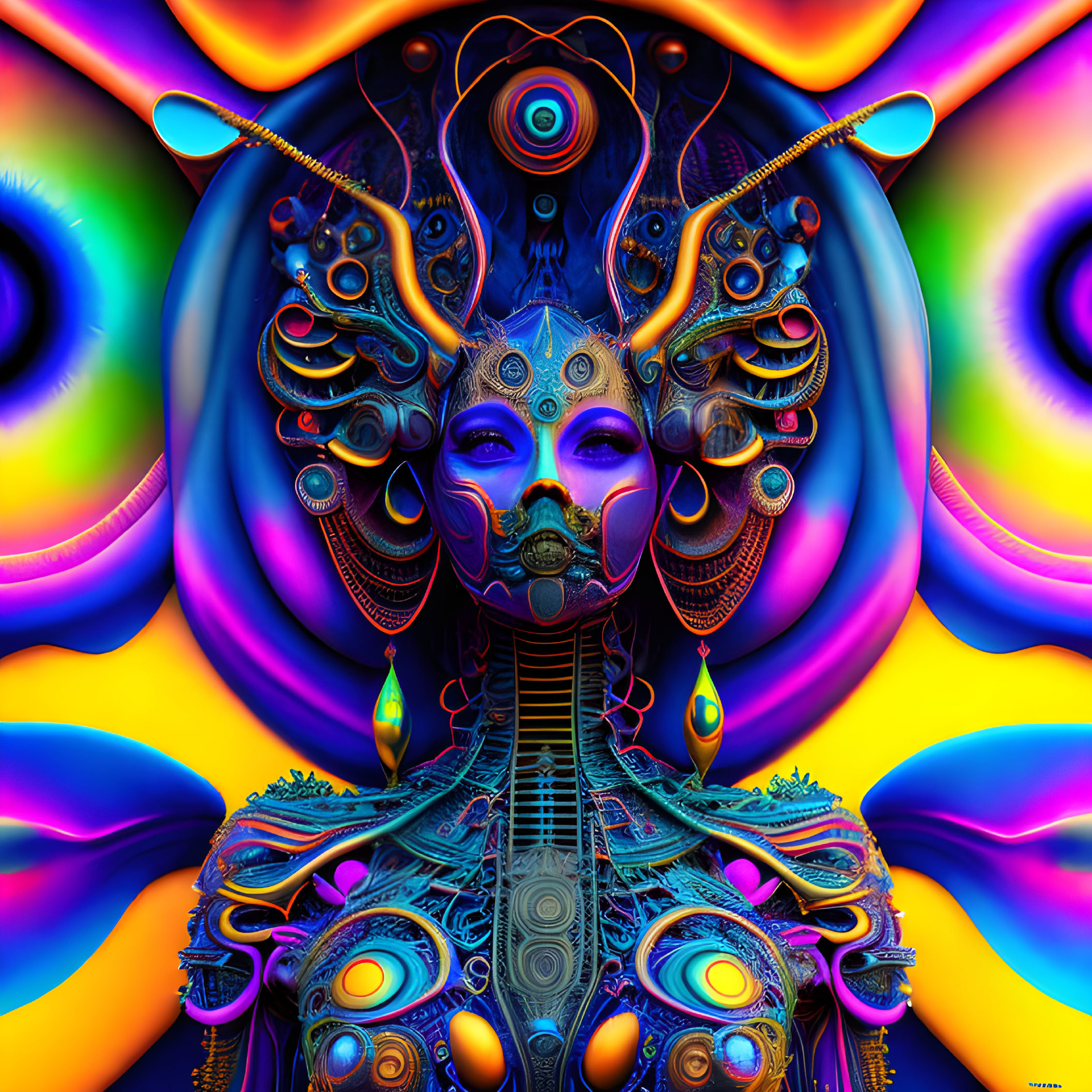 Colorful Digital Artwork: Fantastical Humanoid Figure with Detailed Patterns