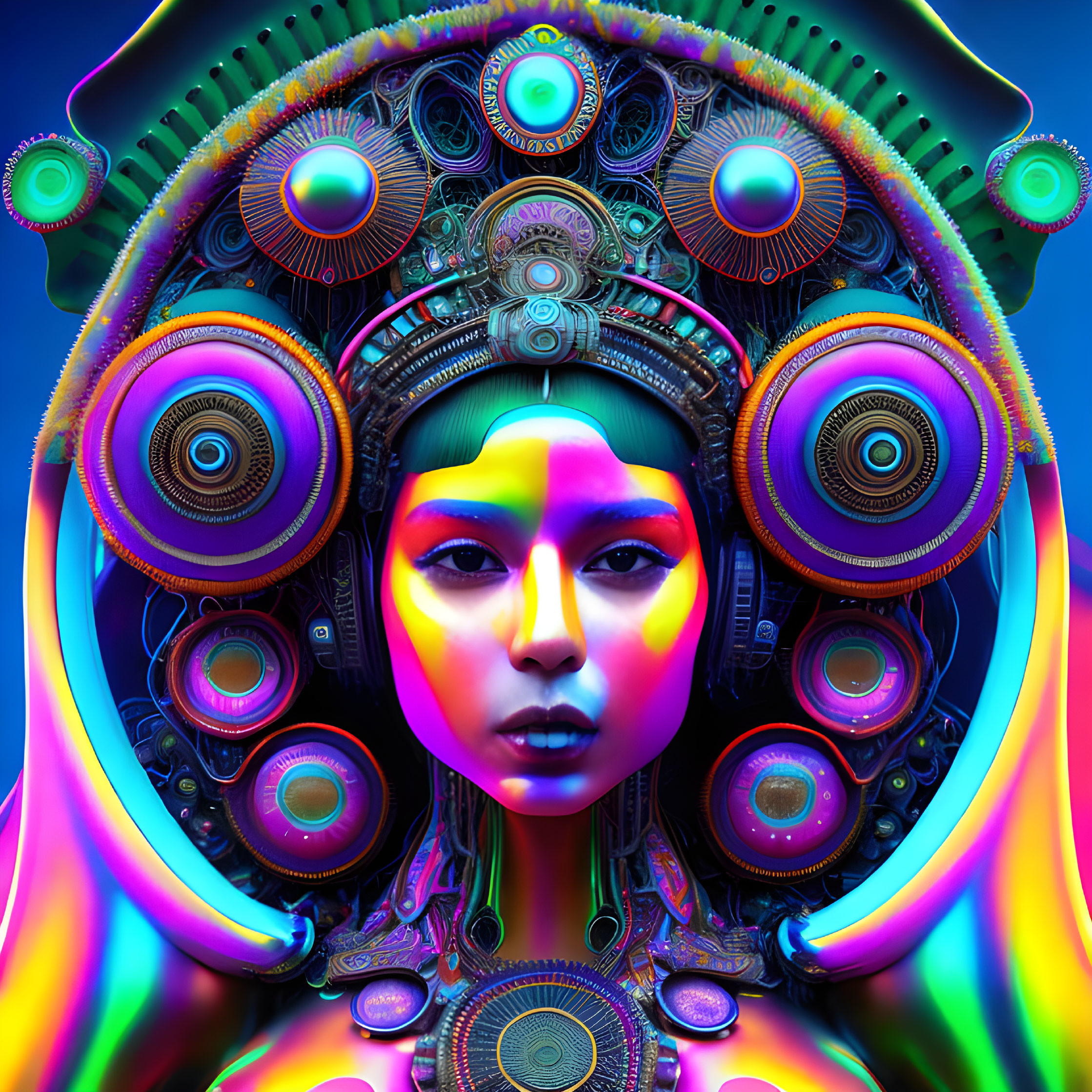 Colorful digital artwork of woman's face with rainbow headdress